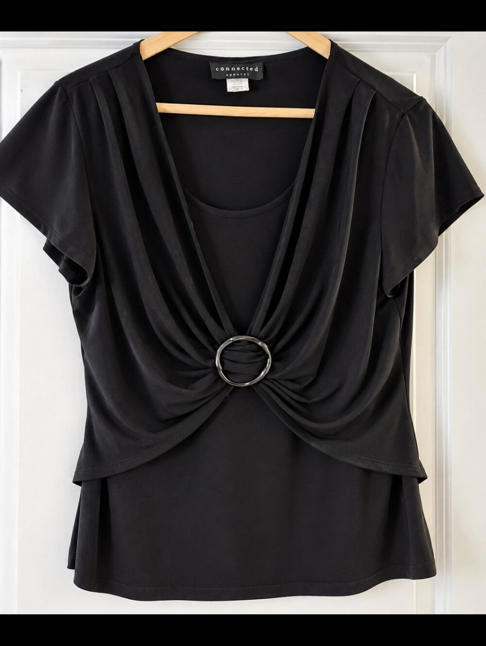 connected apparel Black Short Sleeve Draped Ring-Front Top
